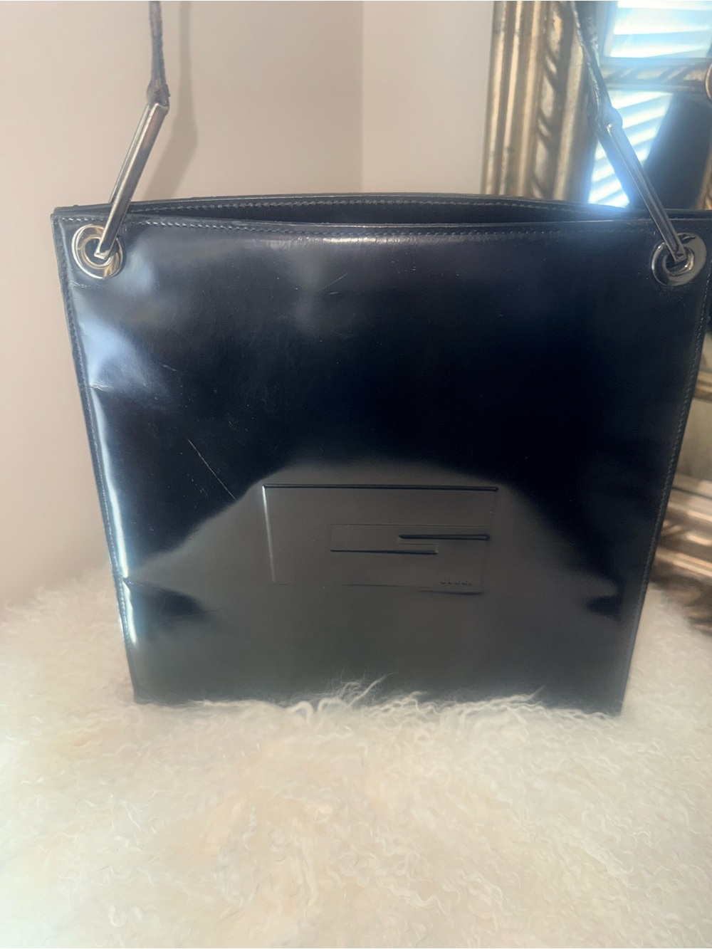 🔥 Vintage Gucci Black Patent Leather Square G Shoulder Bag 001-1013
